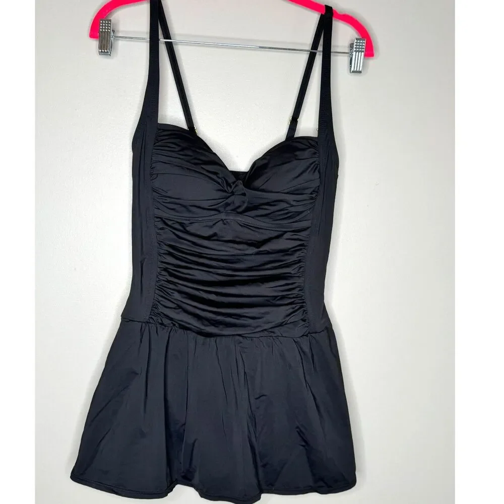 Rose Marie Reid Black Ruched Swim Dress One Piece Swimsuit Pinup‎ Skort Size M